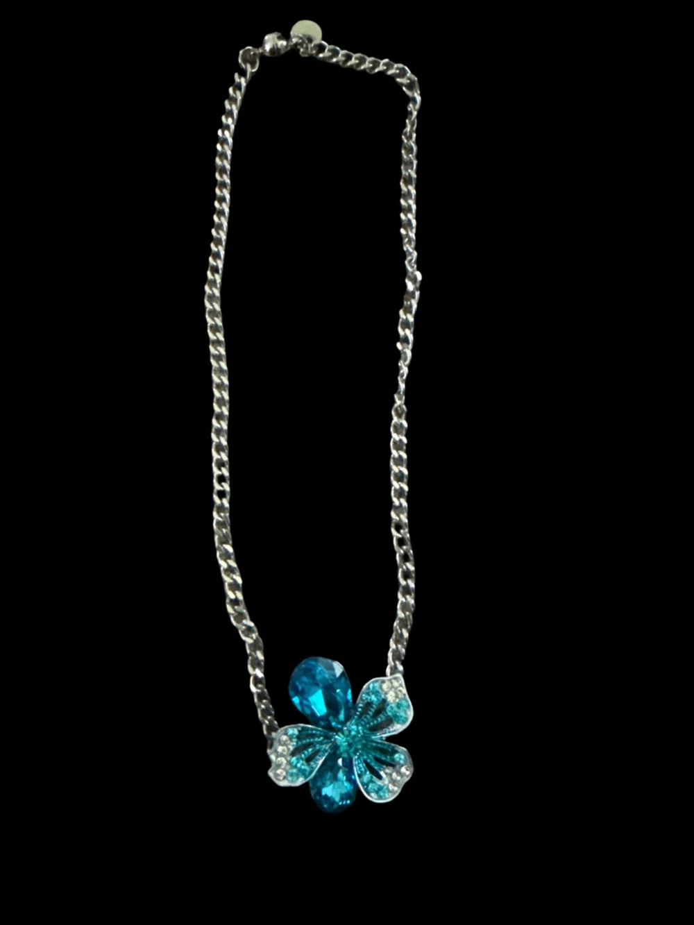 Silver Chain Necklace with Blue Crystal Flower Pendant named Blue Lagoon